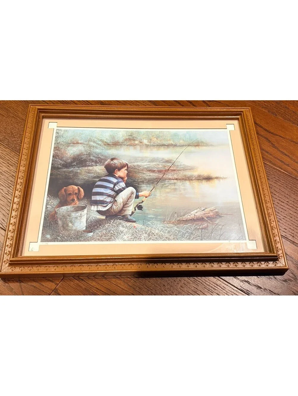 Homco Home Interiors Framed Print of Boy and Dog Fishing Wood Picture 14x18